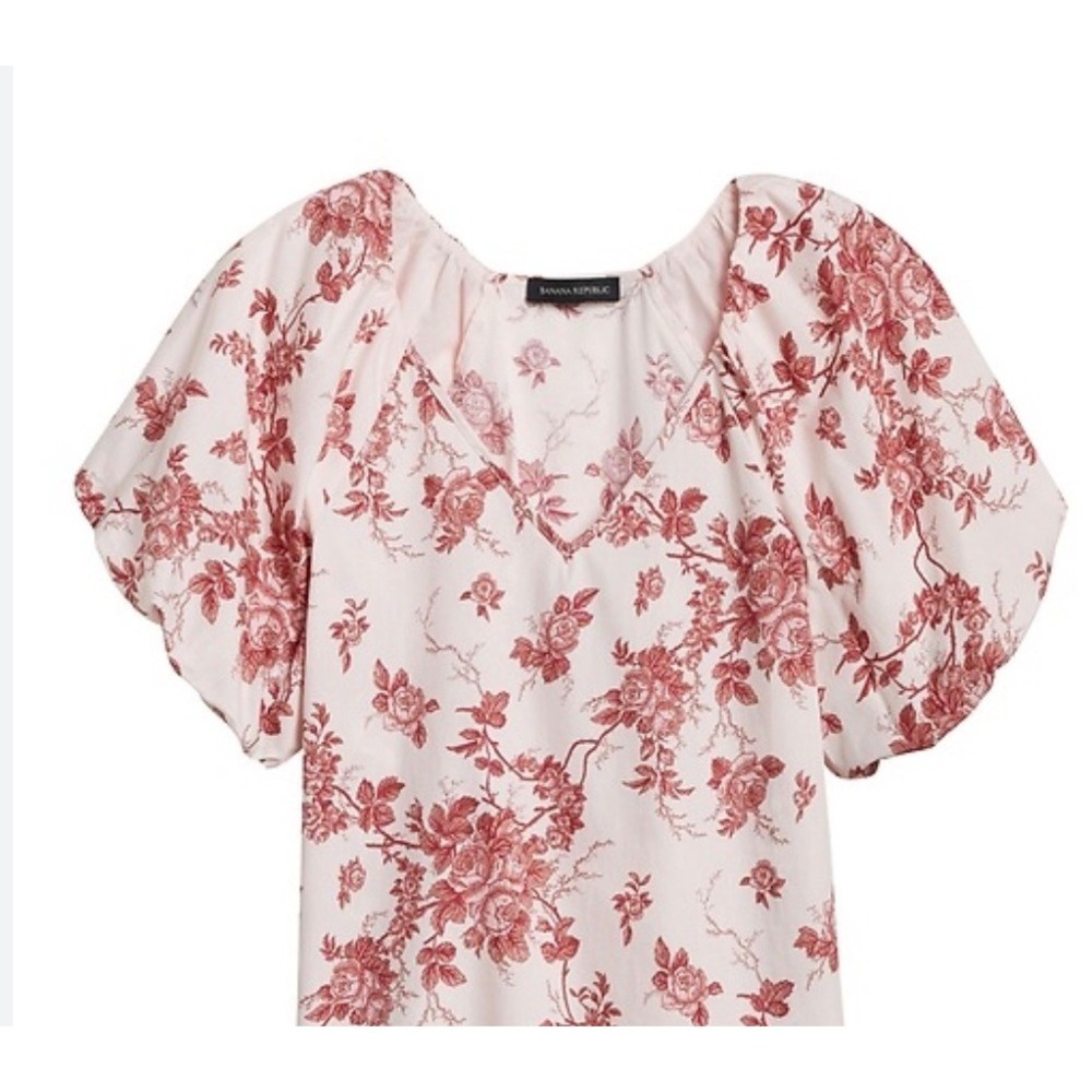 Banana Republic Floral Toile Puff Sleeve Blouse‎ Pink Red V-Neck Cotton Top XS